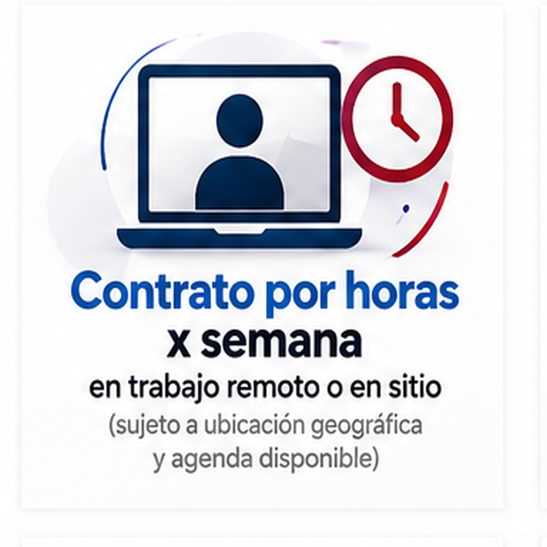 Contrato por horas a la semana, en trabajo remoto o en sitio, sujeto a ubicación geográfica y agenda disponible